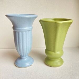 Royal Haeger pottery vases in matte speckled blue and green vintage set of two